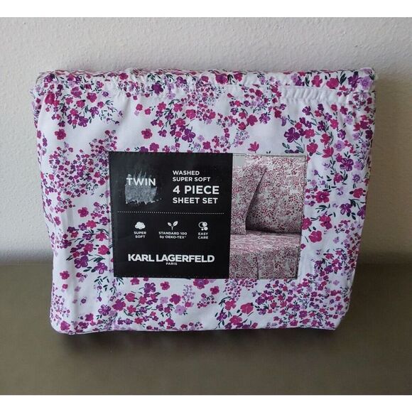 Karl Lagerfeld White Purple Floral TWIN Washed Super Soft 4 Piece Sheet Set - Picture 1 of 9
